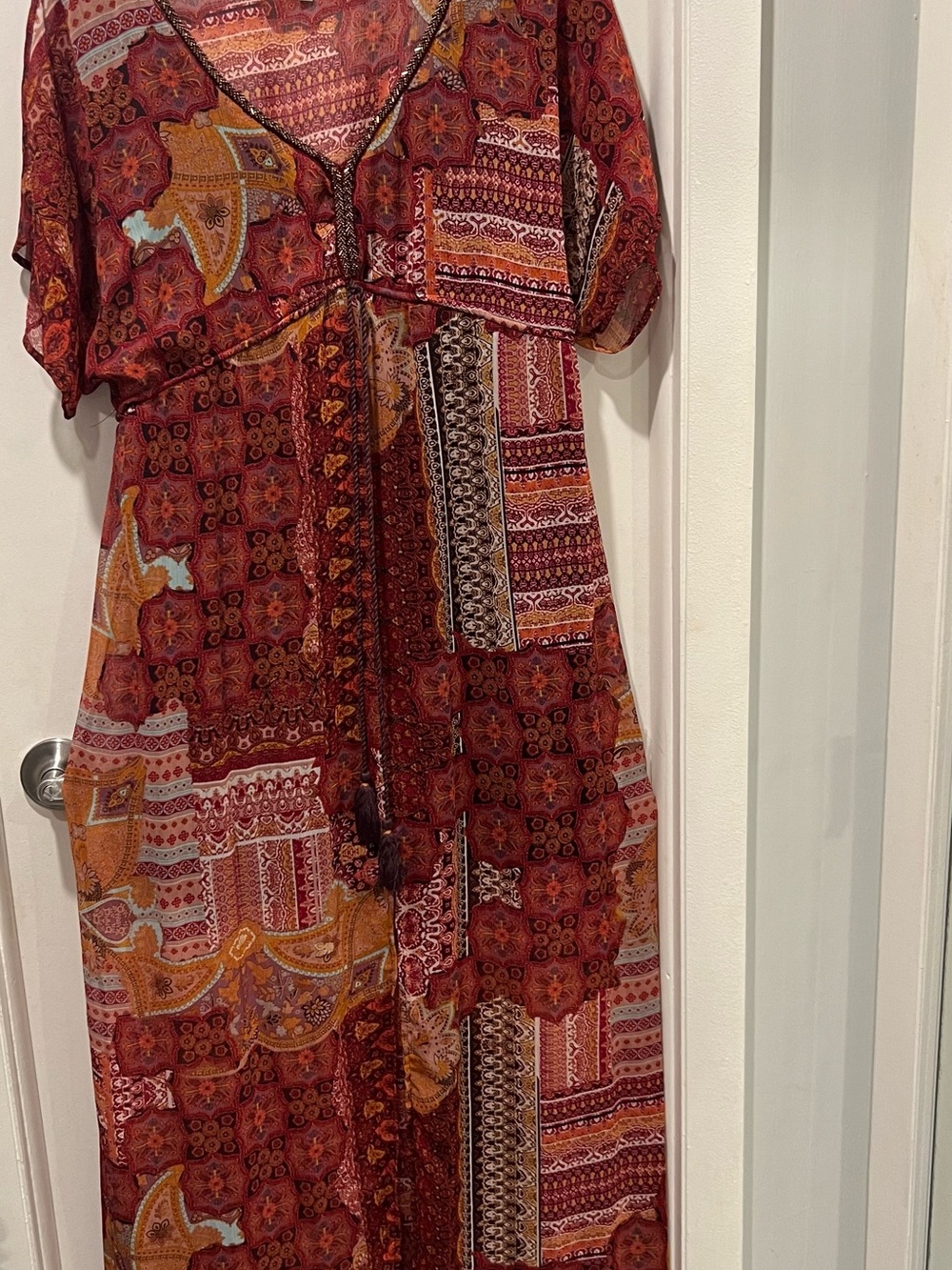 Rust Patchwork Maxi Dress with Tie Waist